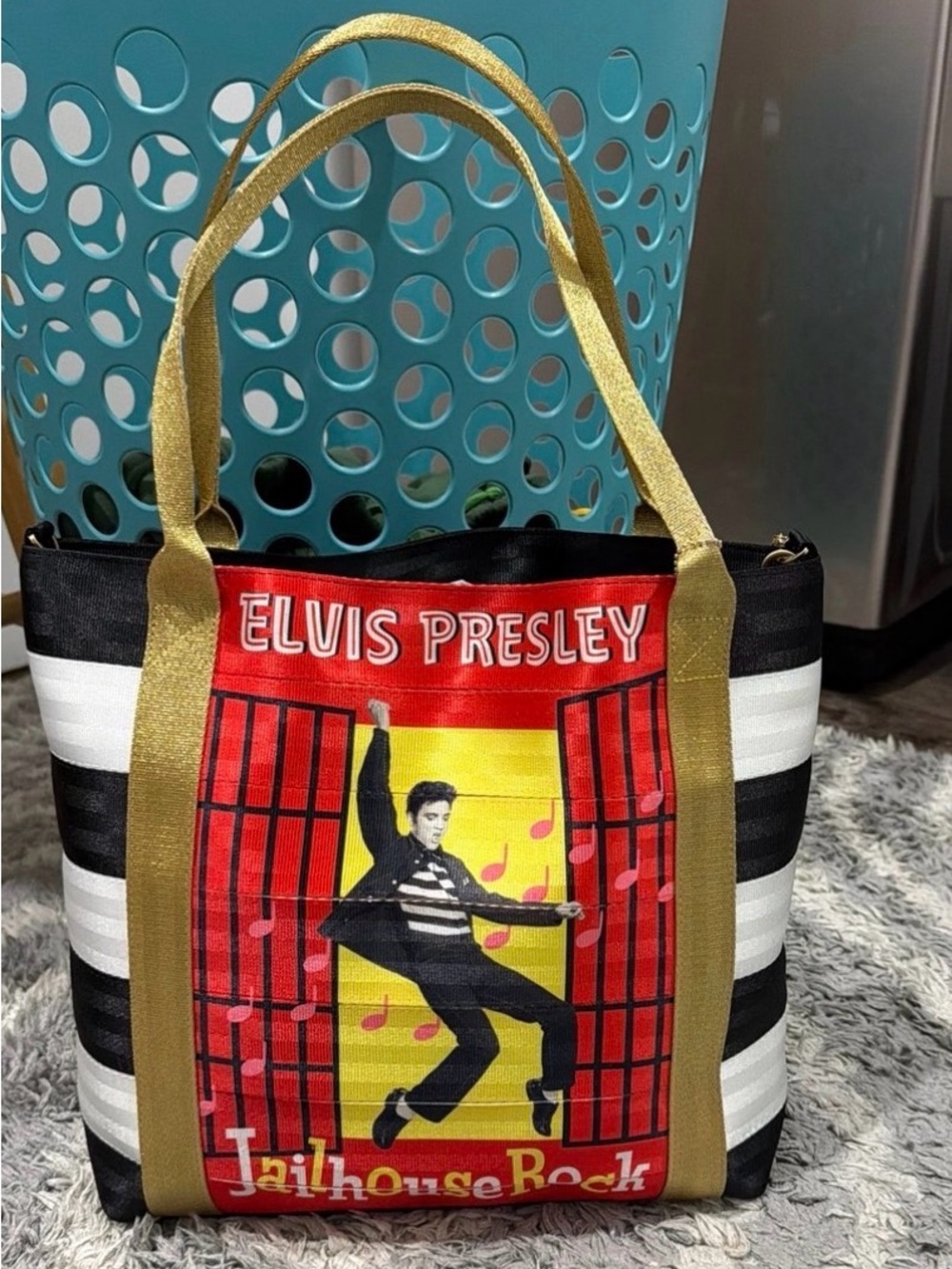 Harveys Black & White Striped Tote with Gold Handles and Red Elvis Panel